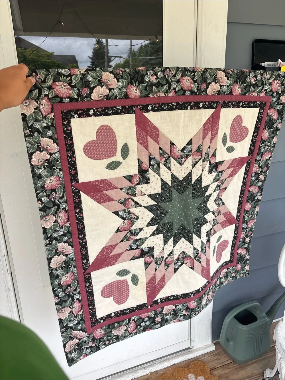 Handmade Floral Star Patchwork Quilt in Pink, Green and Cream